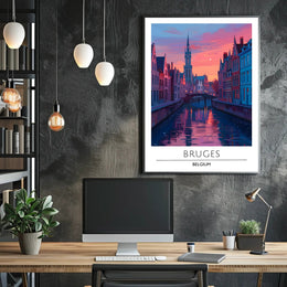 Scenic Bruges Canal Sunset Travel Poster