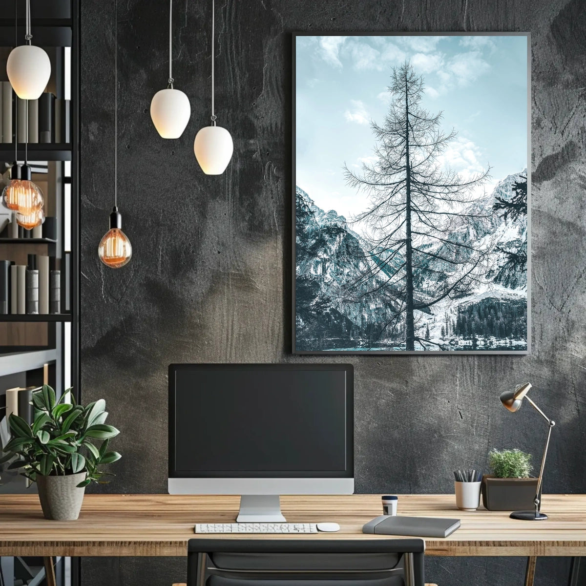 Majestic Winter Tree Against Mountain Landscape Poster