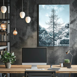Majestic Winter Tree Against Mountain Landscape Poster