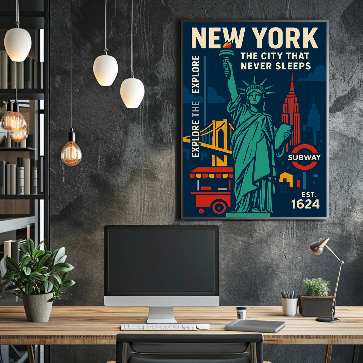 New York City Icons Travel Poster Retro Urban Wall Art