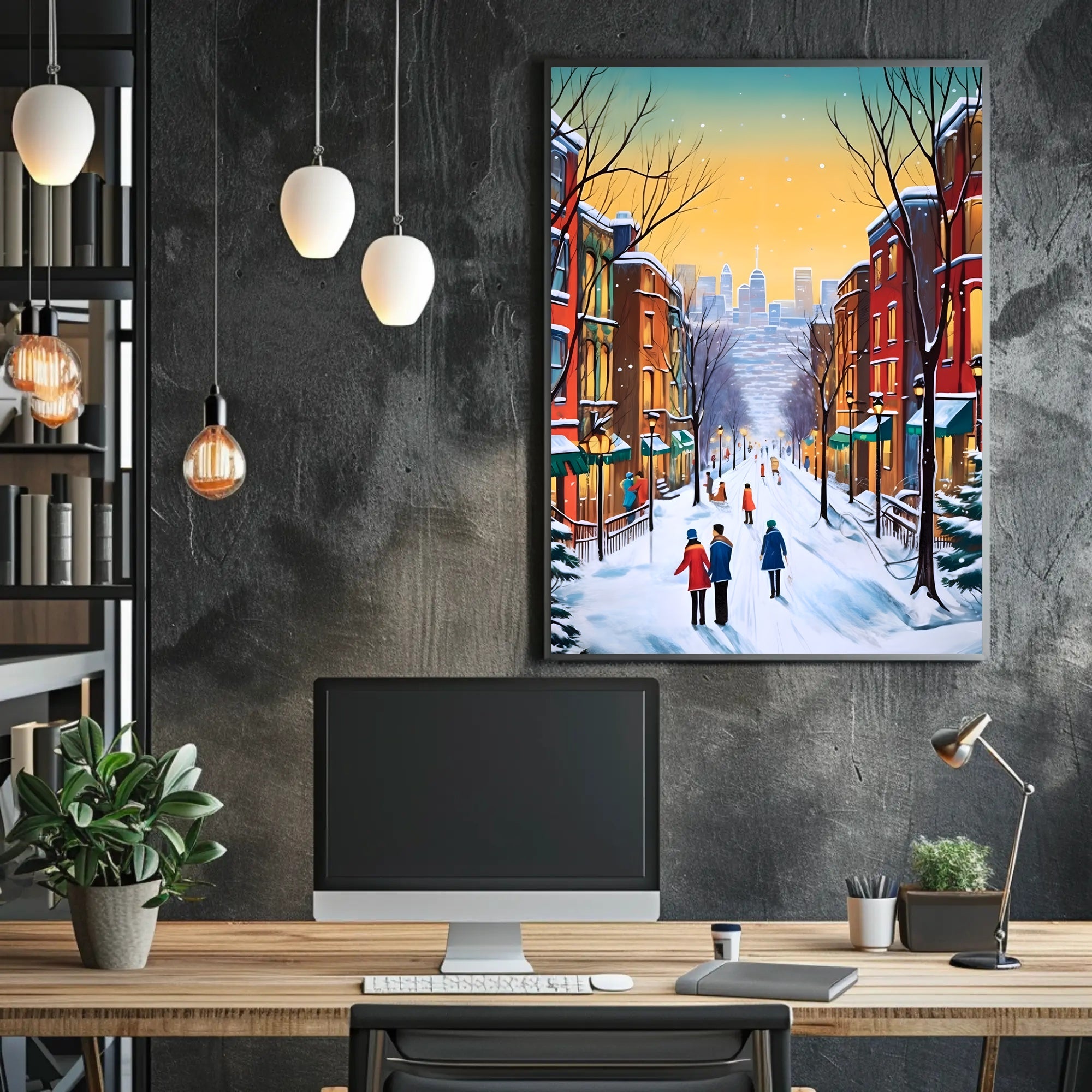 Charming Winter Street Scene in Urban Cityscape Poster