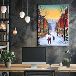Charming Winter Street Scene in Urban Cityscape Poster
