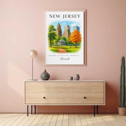 Newark New Jersey Historic Skyline Autumn Park Travel Poster