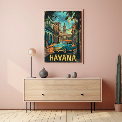 Havana Classic Car Capitol Street Scene Cuba Travel Poster