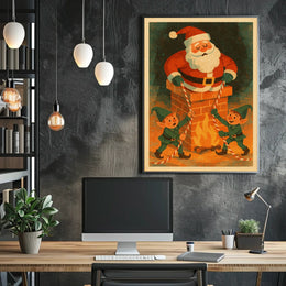 Whimsical Vintage Christmas Poster with Santa and Elves