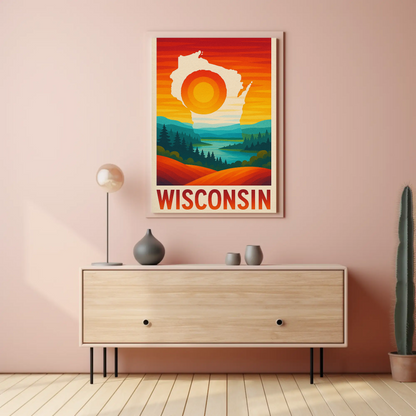 Wisconsin Sunset Nature River Forest Outline Scenic Travel Poster