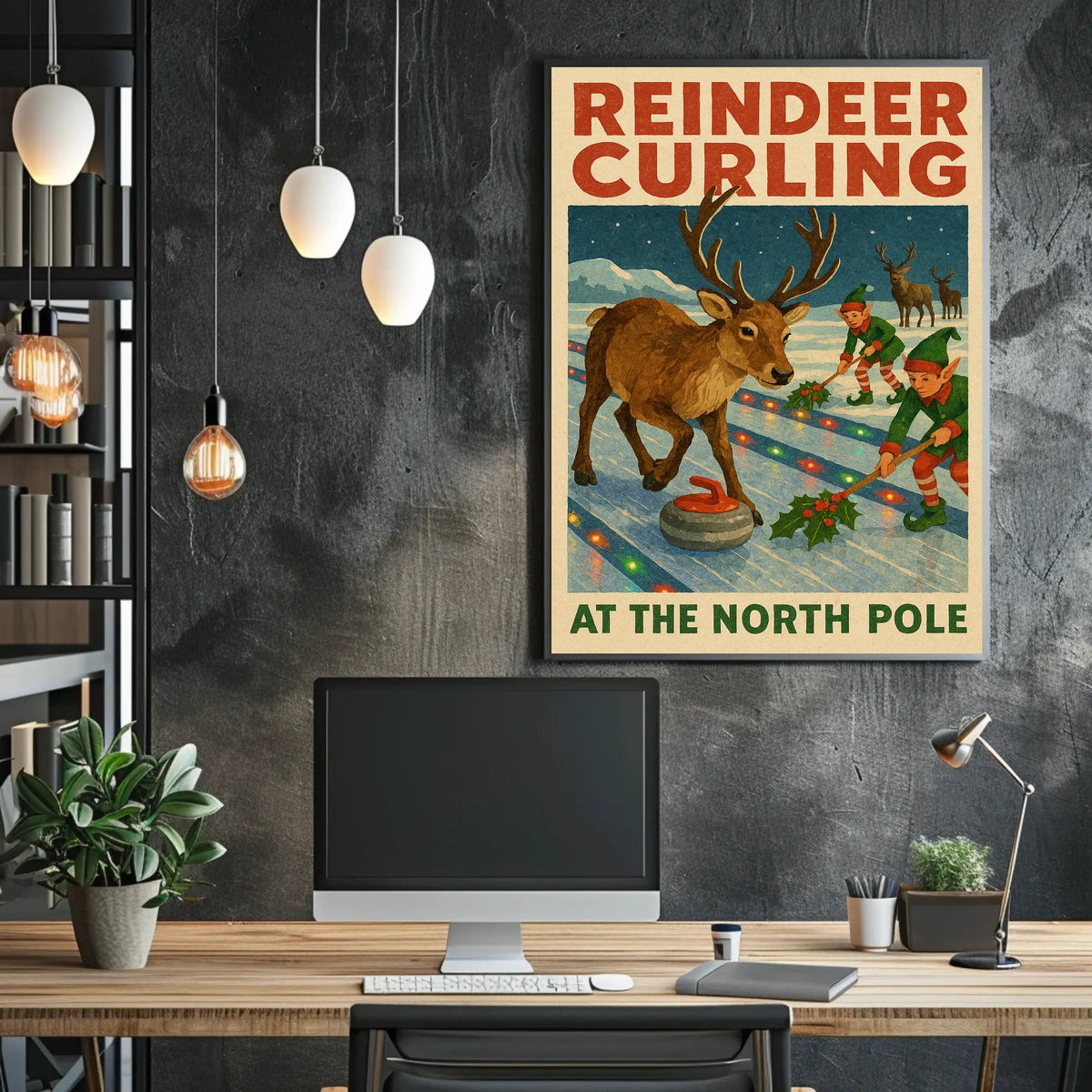 Reindeer Curling at the North Pole Poster