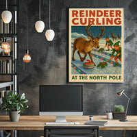 Reindeer Curling at the North Pole Poster