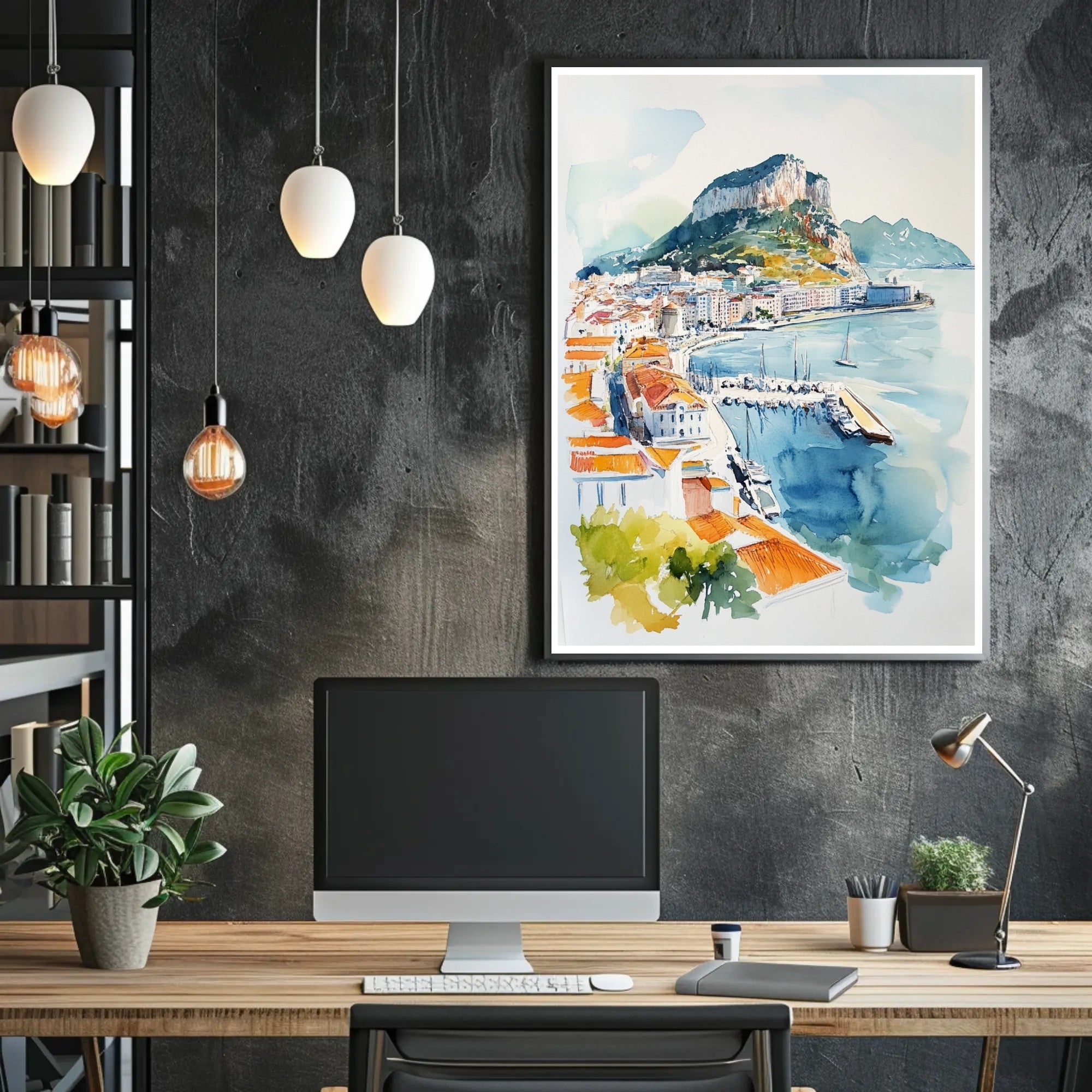 Coastal Cityscape Watercolor Poster PosterGoat