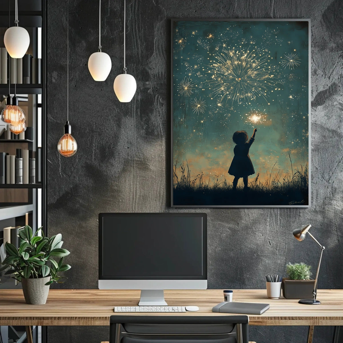 Child Holding Sparkler Night Sky Fireworks Art Poster