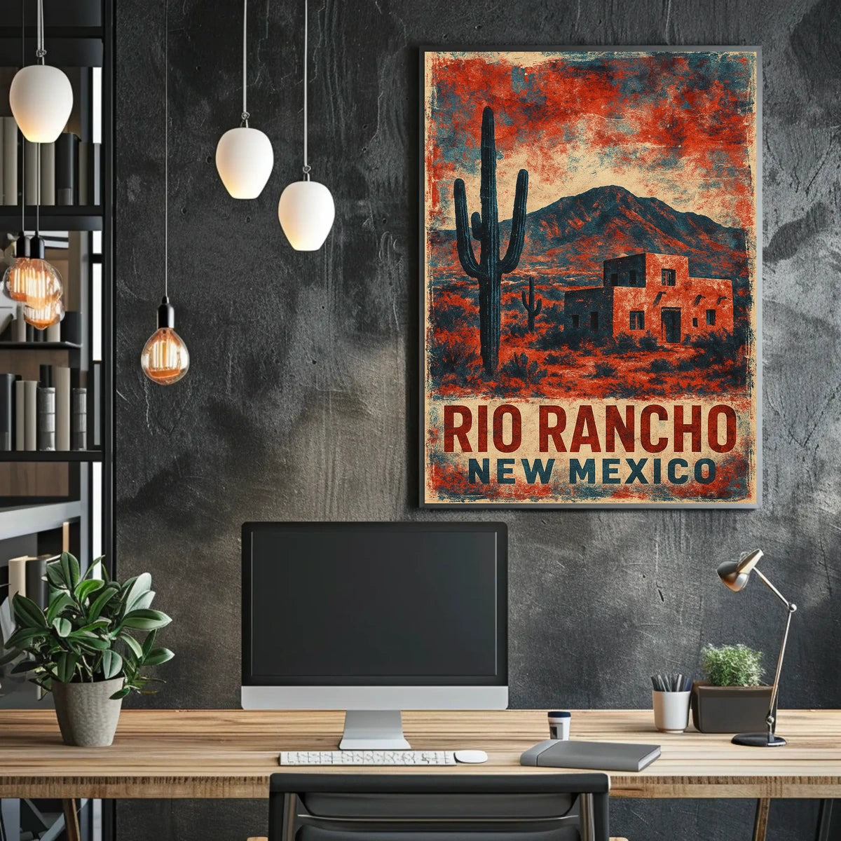 Desert Landscape New Mexico Vintage Travel Aesthetic Rustic Sunlit Dunes Nostalgia Retro 80s Folk Art Poster