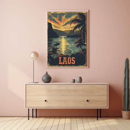 Laos River Sunset Palm Trees Landscape Travel Poster