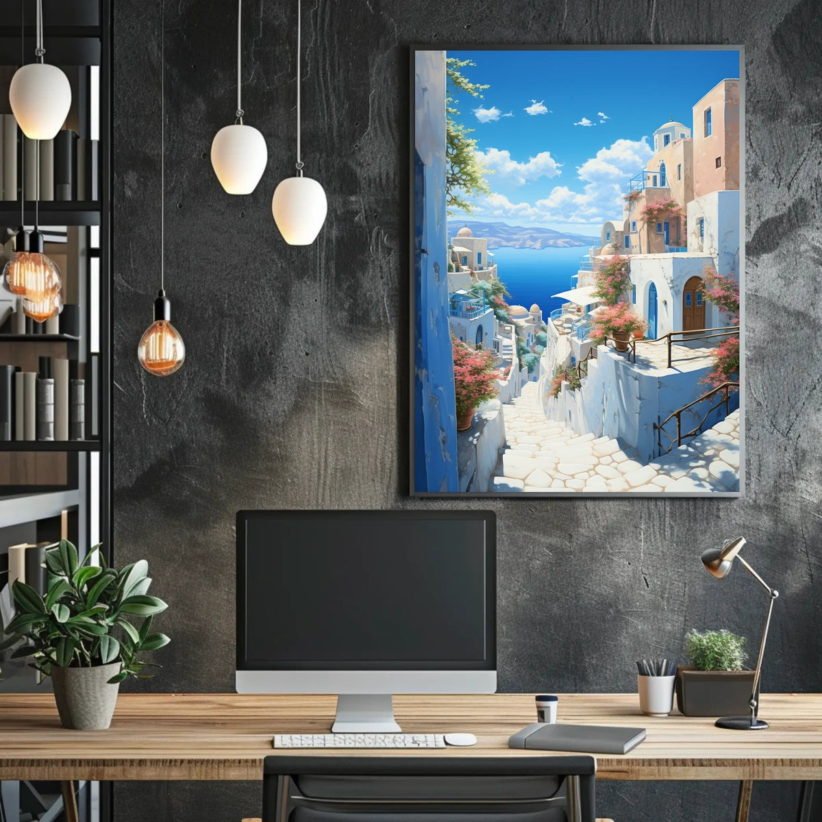 Santorini-Inspired Coastal Village Travel Poster