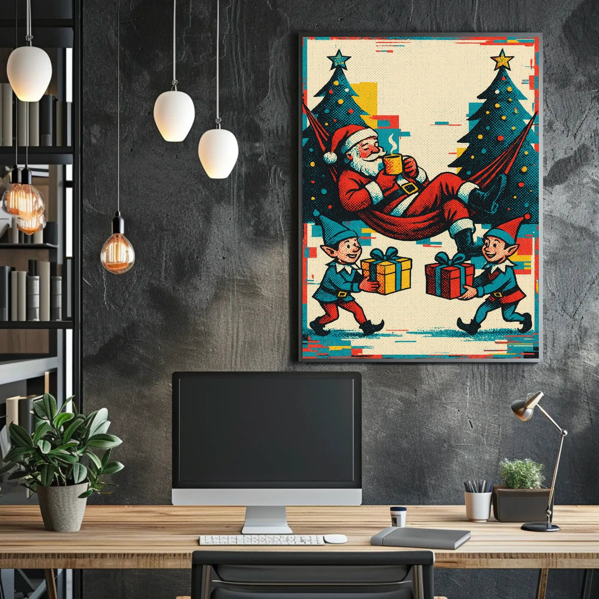 Festive Santa and Elves Vintage Christmas Poster