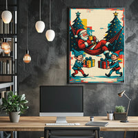 Festive Santa and Elves Vintage Christmas Poster