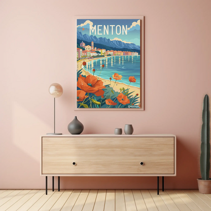 Menton France Beachfront Flowers Coastal Village Scene Travel Poster