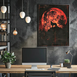 Mystical Wolf Howling at Fiery Red Moon PosterGoat