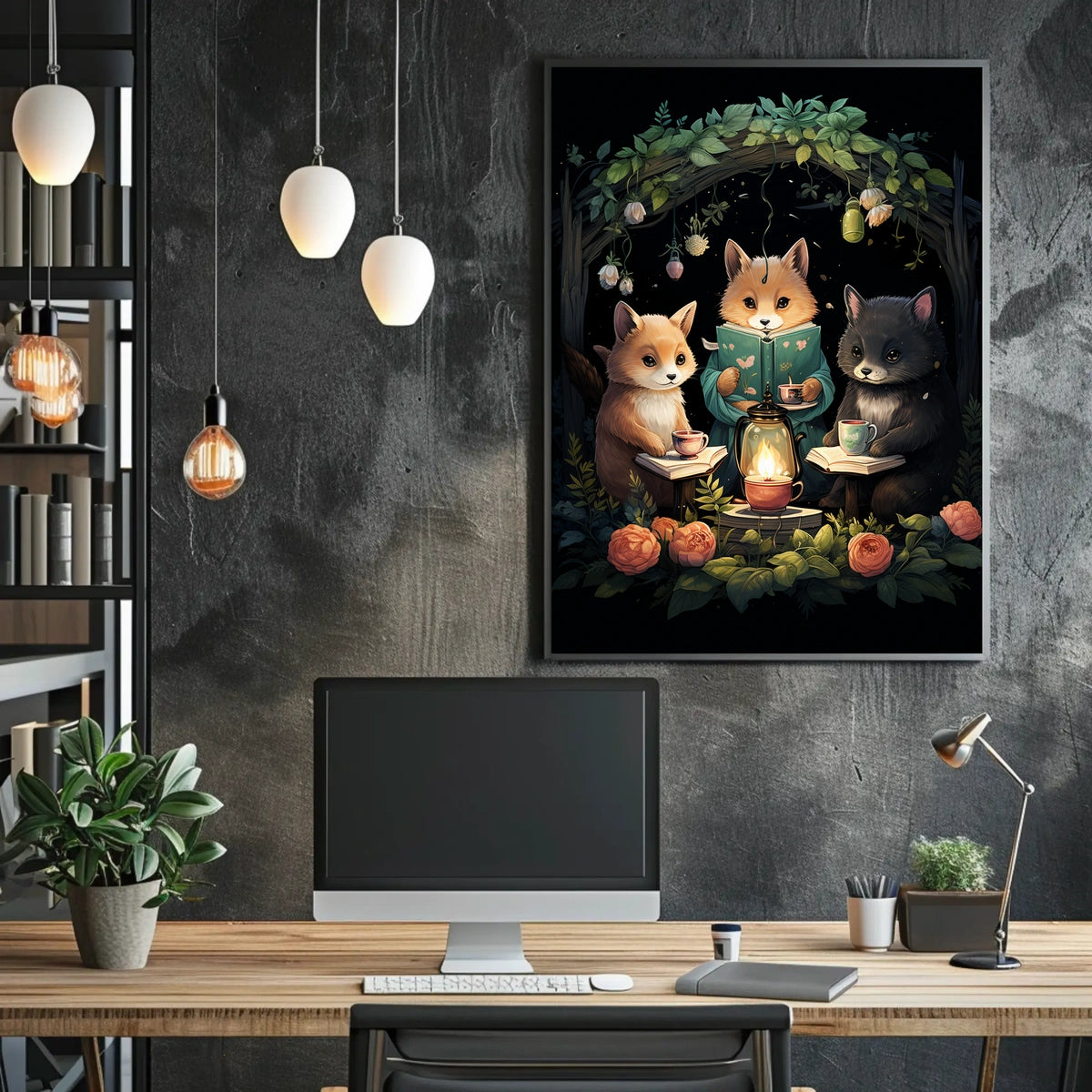 Whimsical Foxes Lantern Reading Forest Poster