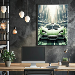 Futuristic Supercar in a Modern Cityscape Poster PosterGoat