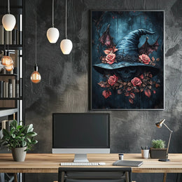 Mystical Skull and Roses Witch Hat Artistic Poster
