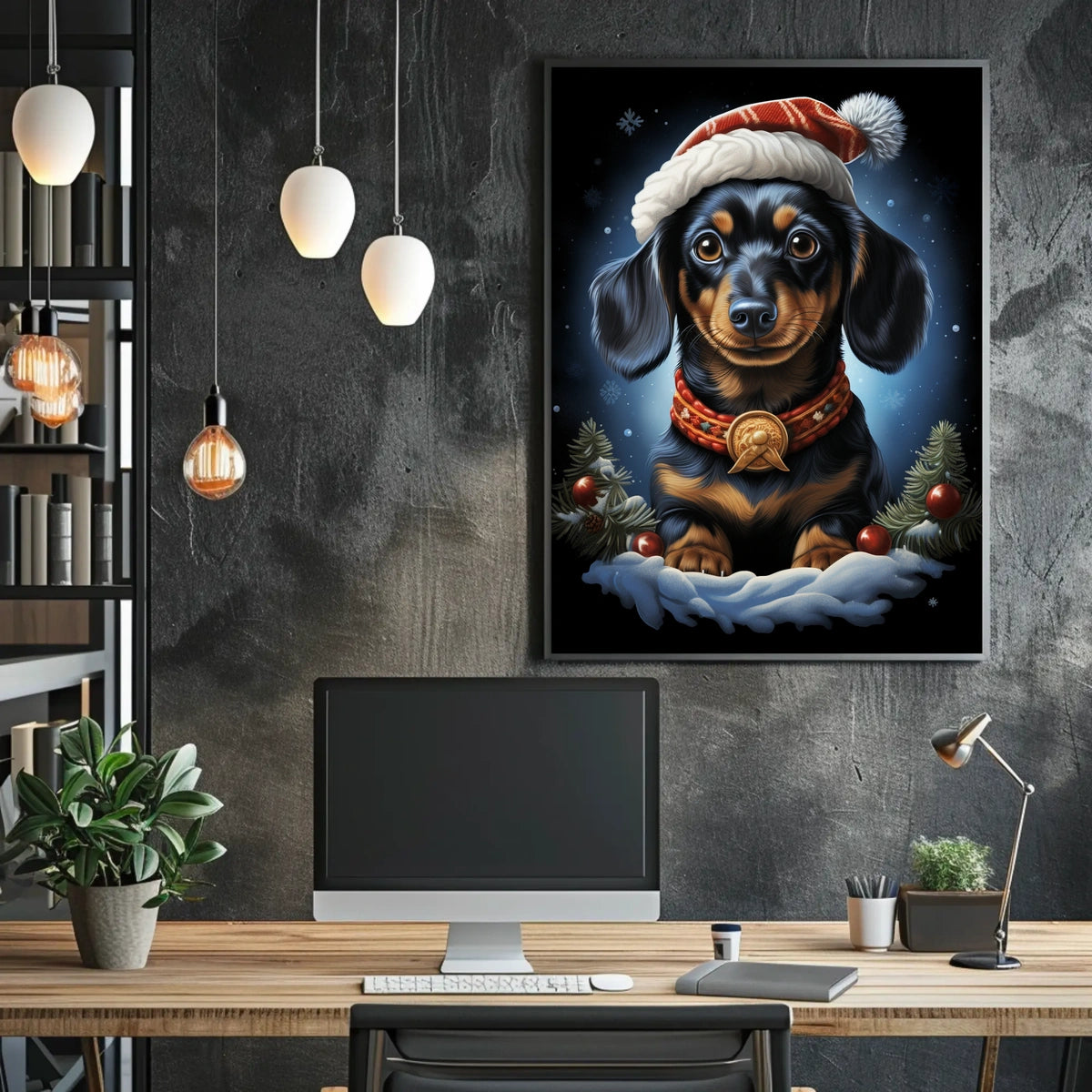 Festive Dachshund Illustration with Santa Hat Dog Breed Poster