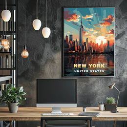 New York Cityscape Sunset View Poster Modern Wall Art