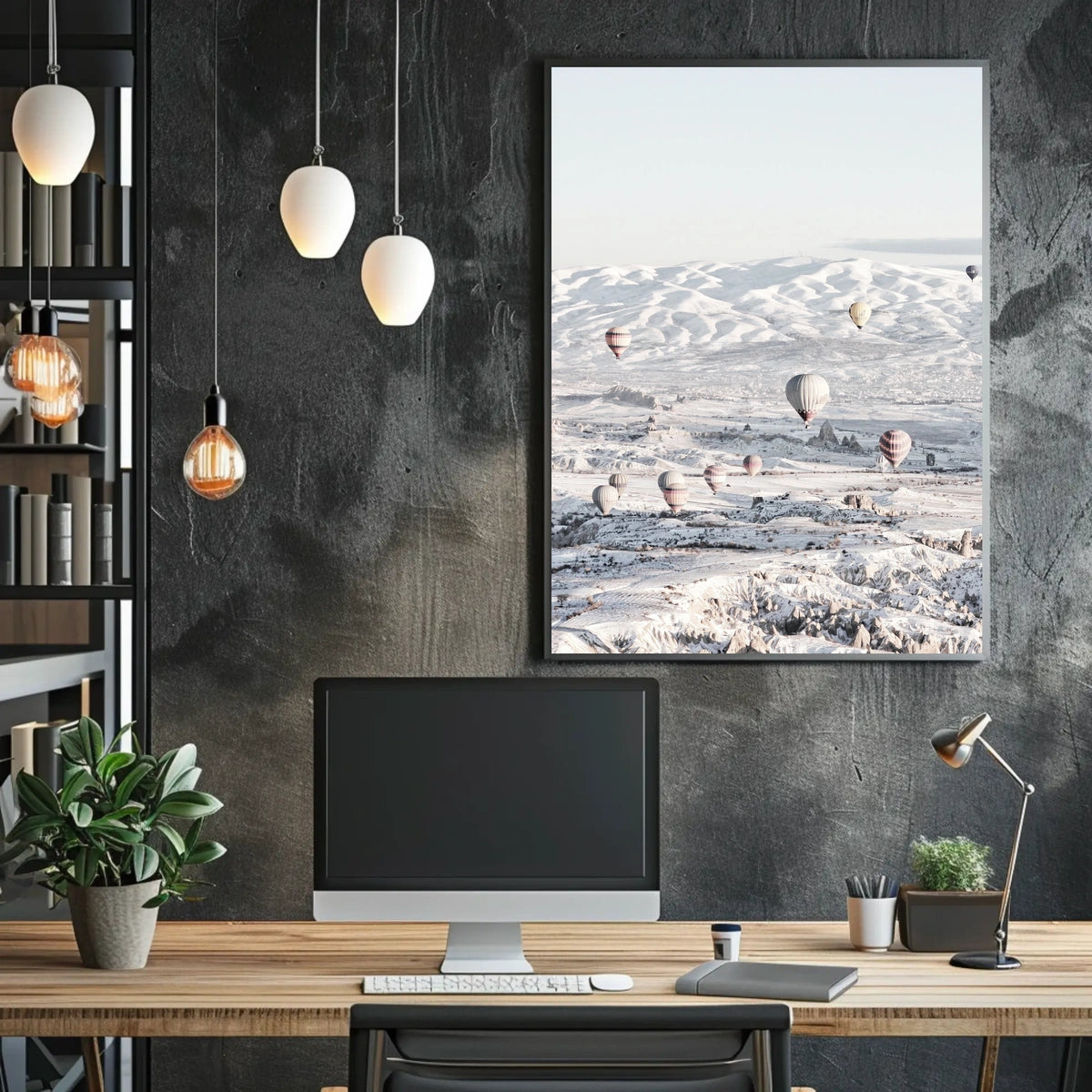 Serene Hot Air Balloons Over Snowy Landscape Travel Poster