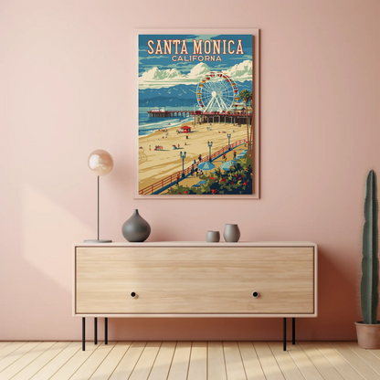 Santa Monica Pier Ferris Wheel Coastal Beach Travel Poster