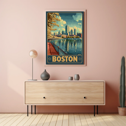 Boston City Skyline Boats River Autumn Travel Poster
