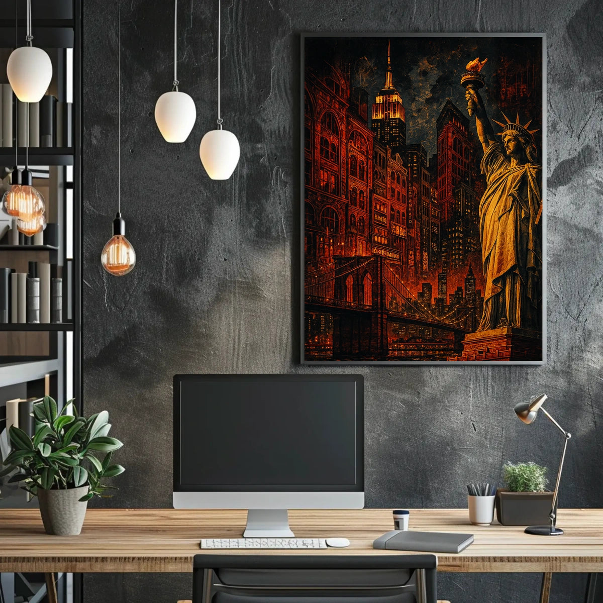 New York City Nightscape Poster Vintage Urban Wall Art