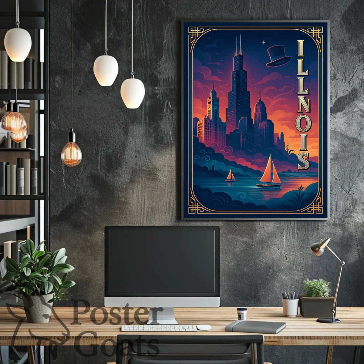 Illinois Skyline Vintage Design Urban or Cityscape Poster