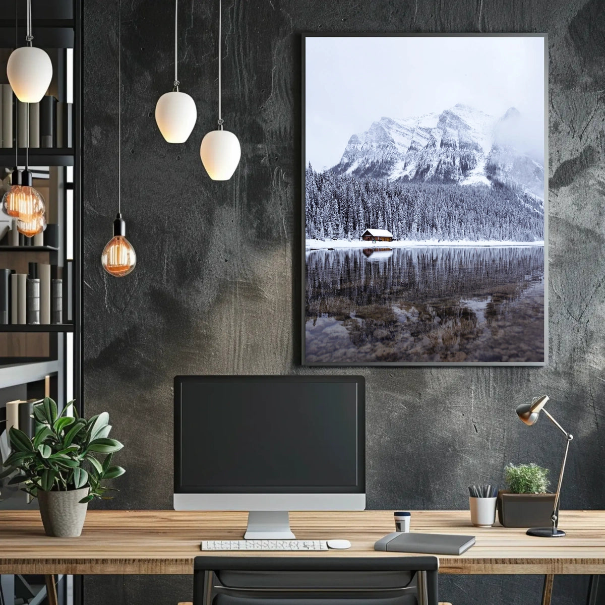 Serene Winter Mountain Cabin Landscape Poster