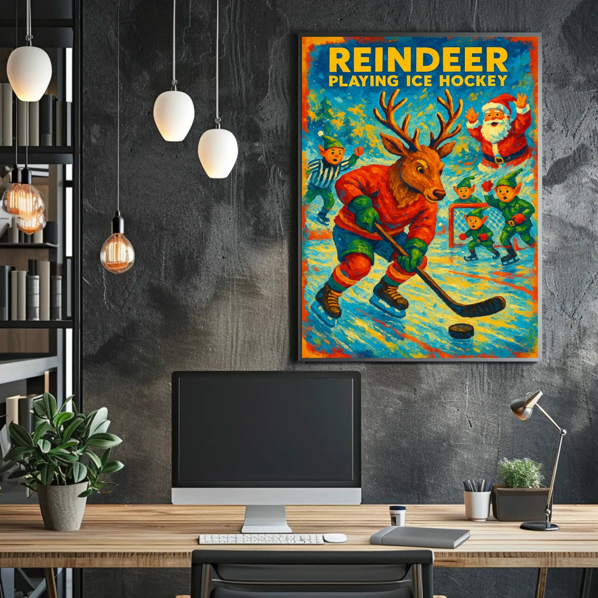 Reindeer Playing Ice Hockey Poster