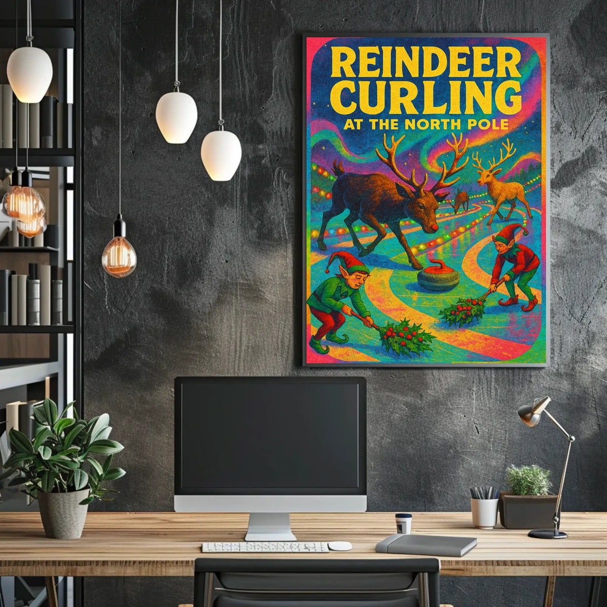 Reindeer Curling at the North Pole Poster