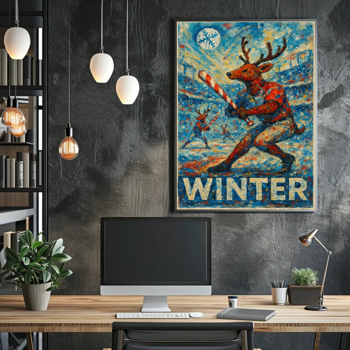 Whimsical Reindeer Baseball Candy Cane Winter Poster