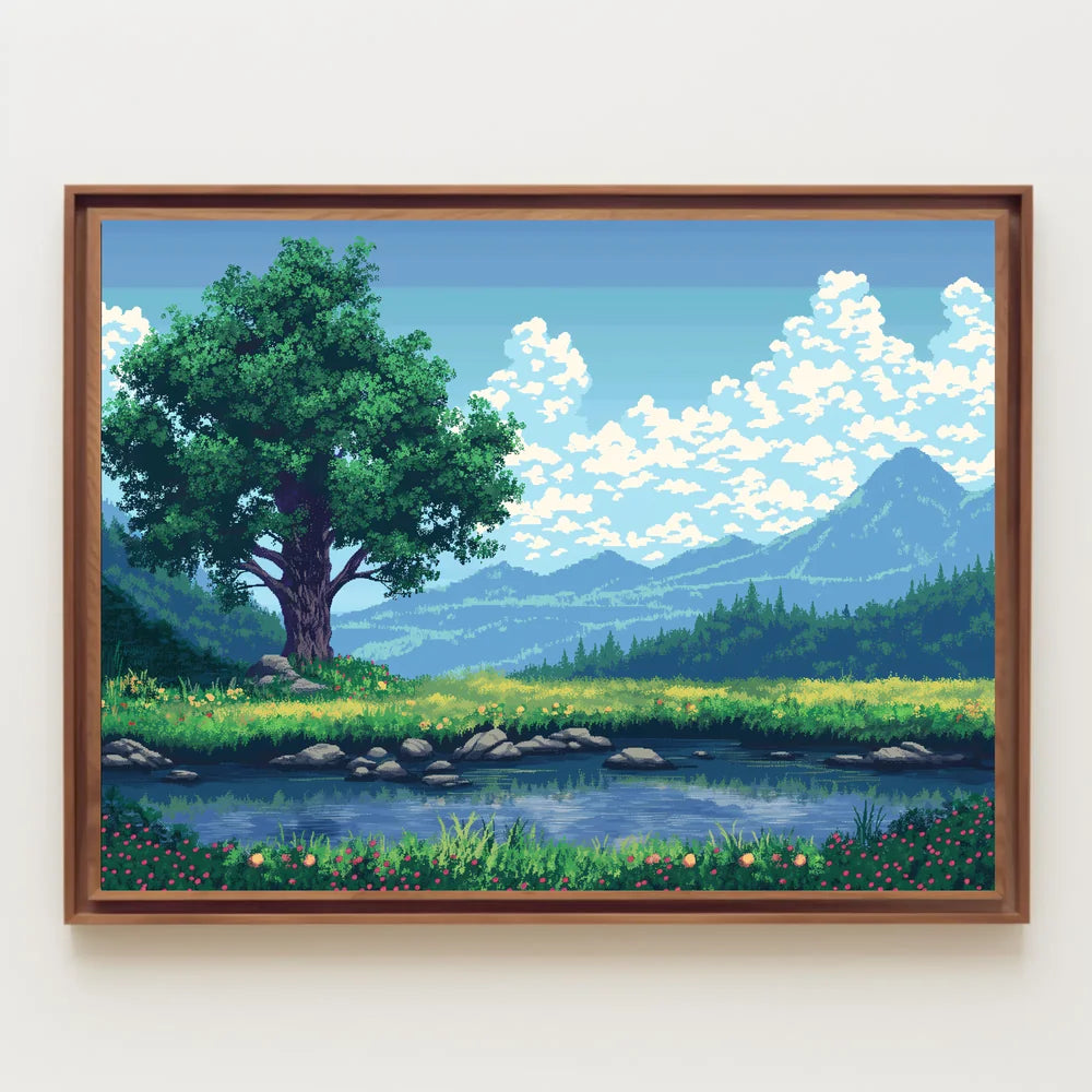 Serene Pixel Art Meadow with Tree and Pond