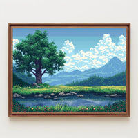 Serene Pixel Art Meadow with Tree and Pond