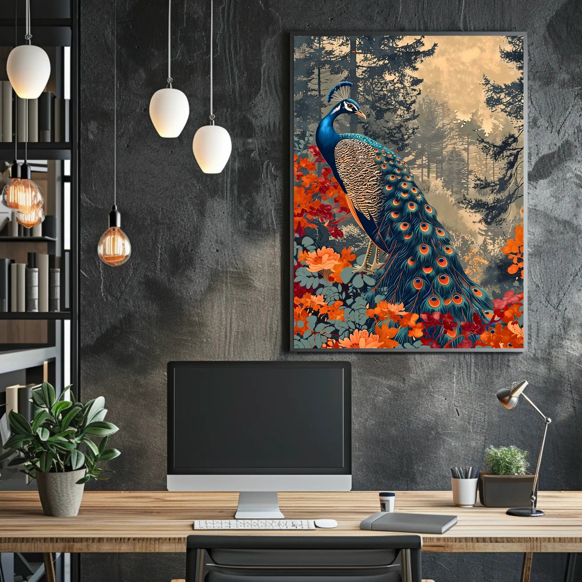 Majestic Peacock In Autumn Forest William Morris Art Poster