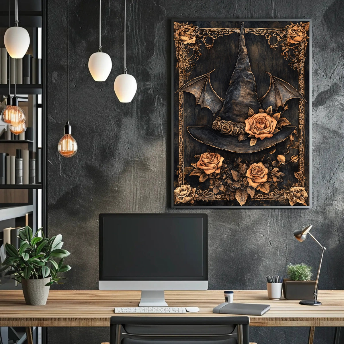 The poster features a central image of a witch's hat adorned with roses. Travel Poster