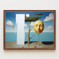 Surreal Coastal Dreamscape with Golden Mask Artistic Poster