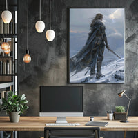 Epic Warrior in Snowy Mountains Fantasy or Mythology Poster PosterGoat