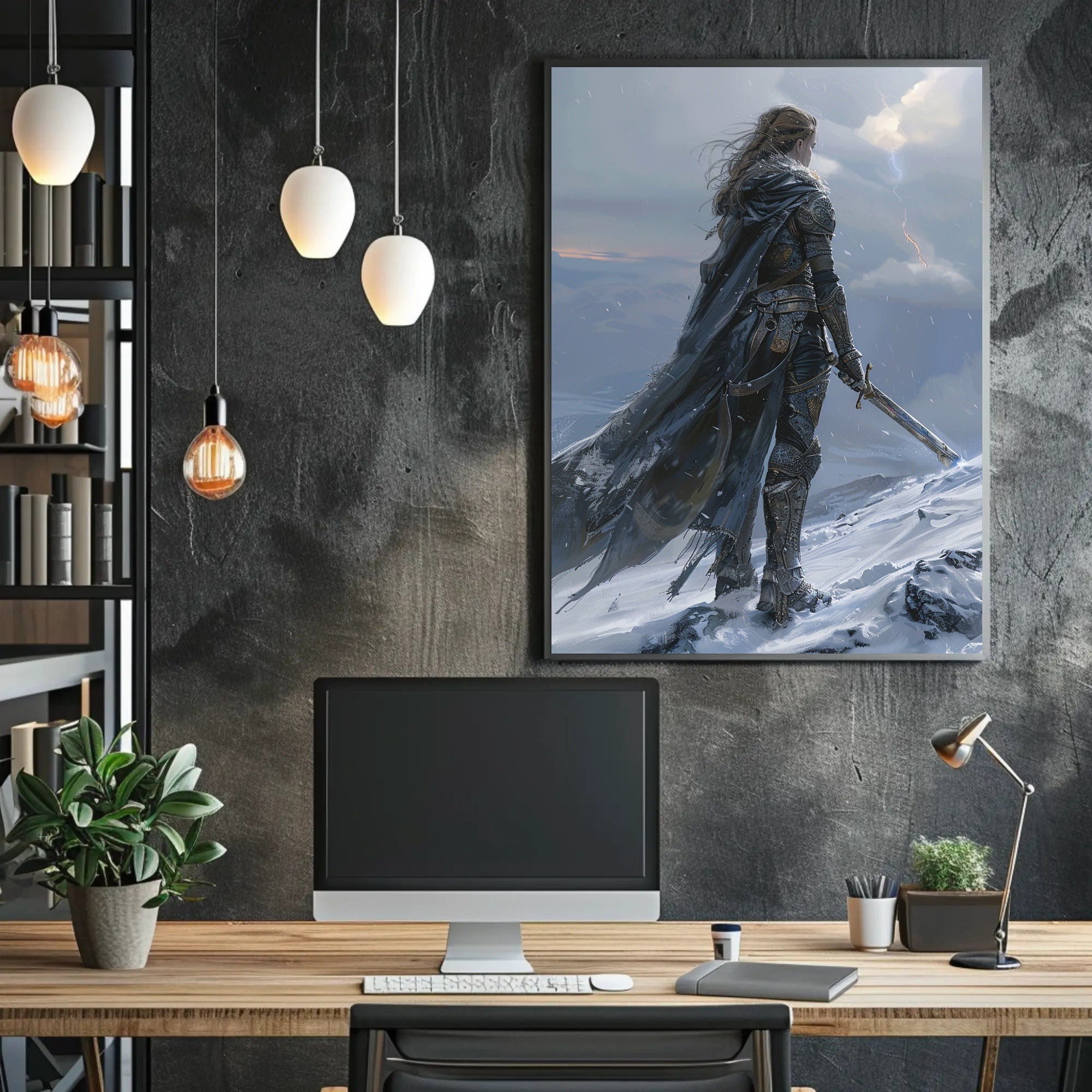 Epic Warrior in Snowy Mountains Fantasy or Mythology Poster PosterGoat