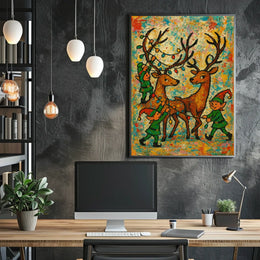 Festive Reindeer And Elves Poster