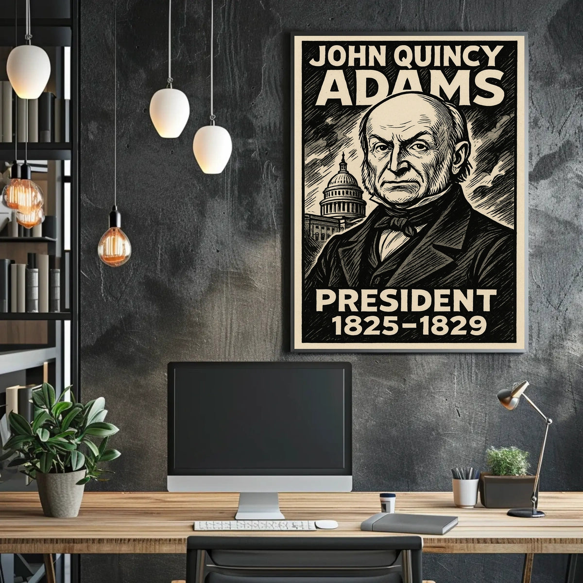 John Quincy Adams 6th President of the United States B & W Comic Sketch Poster