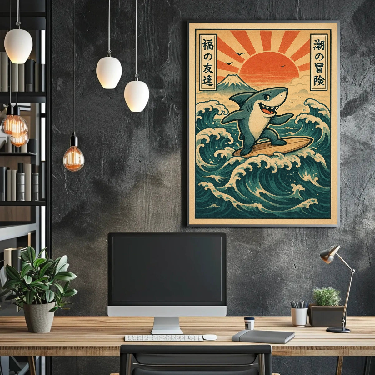 Surfing Shark Japanese Sun Vintage Cartoon Poster