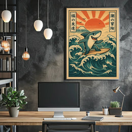 Surfing Shark Japanese Sun Vintage Cartoon Poster