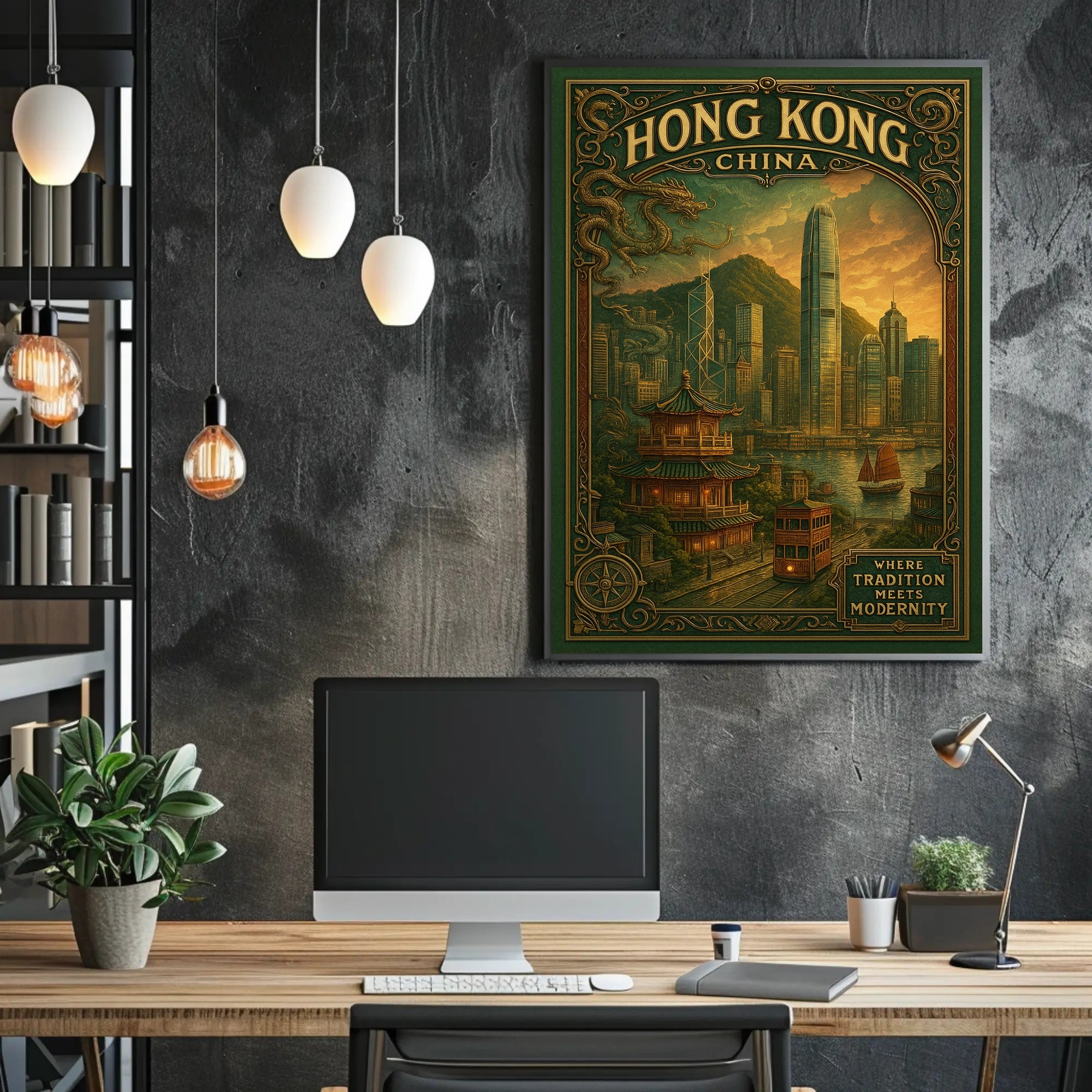 Hong Kong Tradition Meets Modern Cityscape Travel Poster