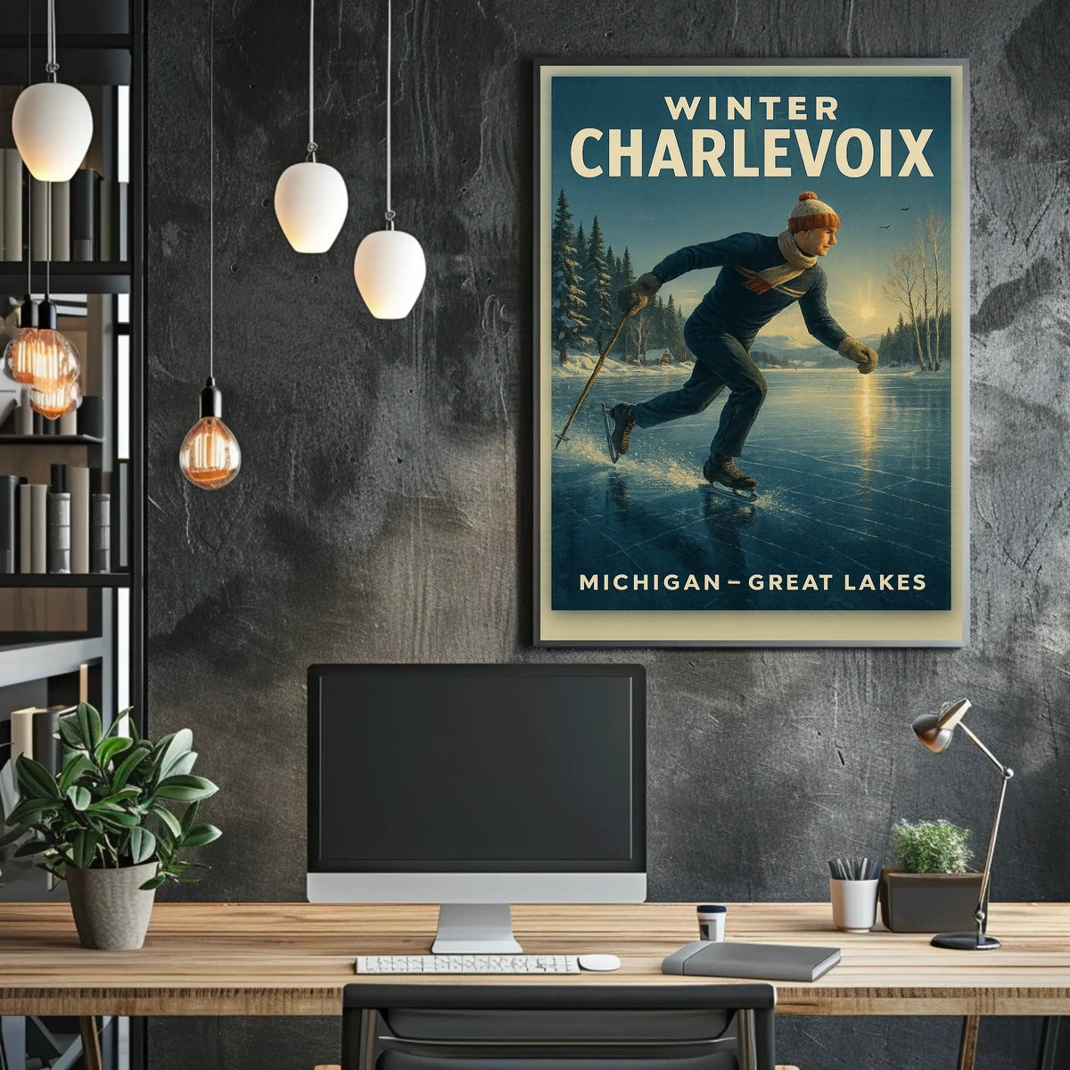 Vintage Winter Charlevoix Scene in Michigan Travel Poster