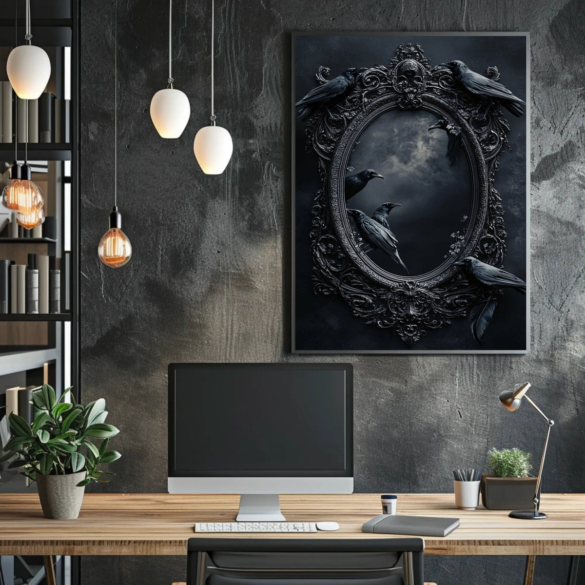 Gothic Baroque Mirror with Ravens Artistic or Pop Culture Poster