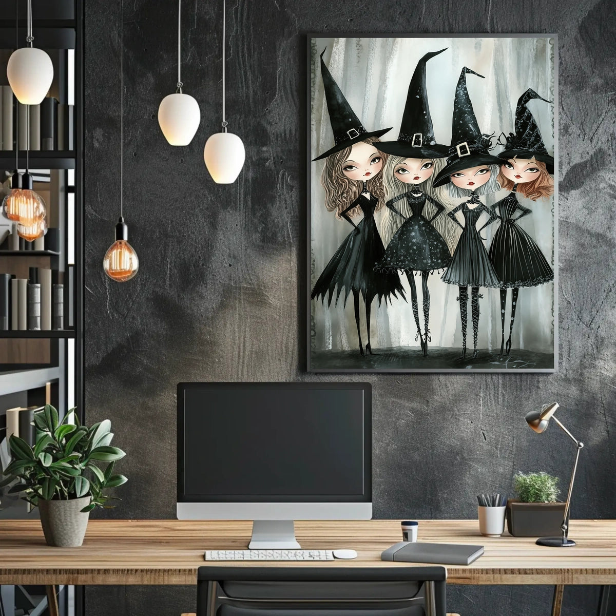 Stylized Witches Whimsical Gothic Monochromatic Poster
